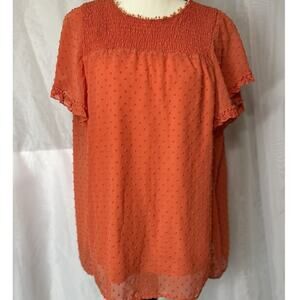Heimish Women's 1XL Blouse Orange Polka Dots Short Sleeves Lightweight Sheer